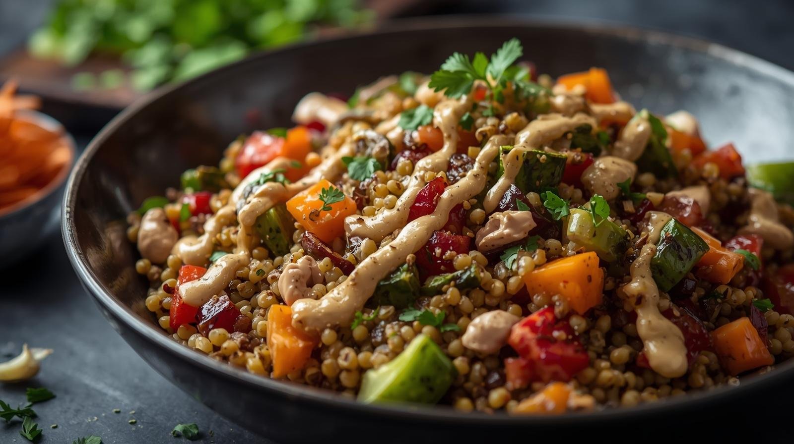 # Bowl de Quinoa com Vegetais Assados e Molho de Tahine Em um mundo onde a saúde e o bem-estar estão no centro das atenções, receitas que combinam nutrição, sabor e praticidade se destacam como verdadeiras aliadas do dia a dia. O bowl de quinoa com vegetais assados e molho de tahine é um exemplo perfeito disso: uma refeição completa, vibrante e cheia de cores que nutre o corpo enquanto encanta o paladar. Imagine grãos fofos de quinoa misturados a vegetais crocantes e caramelizados, regados por um molho cremoso de tahine que adiciona um toque de exotismo e cremosidade. Essa receita não é apenas uma opção saudável; ela é uma celebração da alimentação consciente, ideal para almoços rápidos, jantares leves ou até como marmita para o trabalho. Como especialista em produção de conteúdo para blogs, com domínio em SEO, copywriting e escrita persuasiva, elaborei este artigo para ser otimizado com palavras-chave como